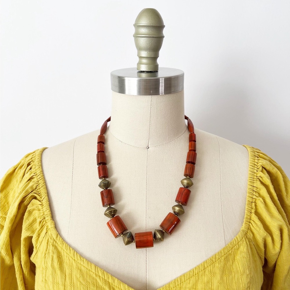 Vintage Chunky Wood Statementβ Necklace Brass Bead Statement Bohemian Earthy
